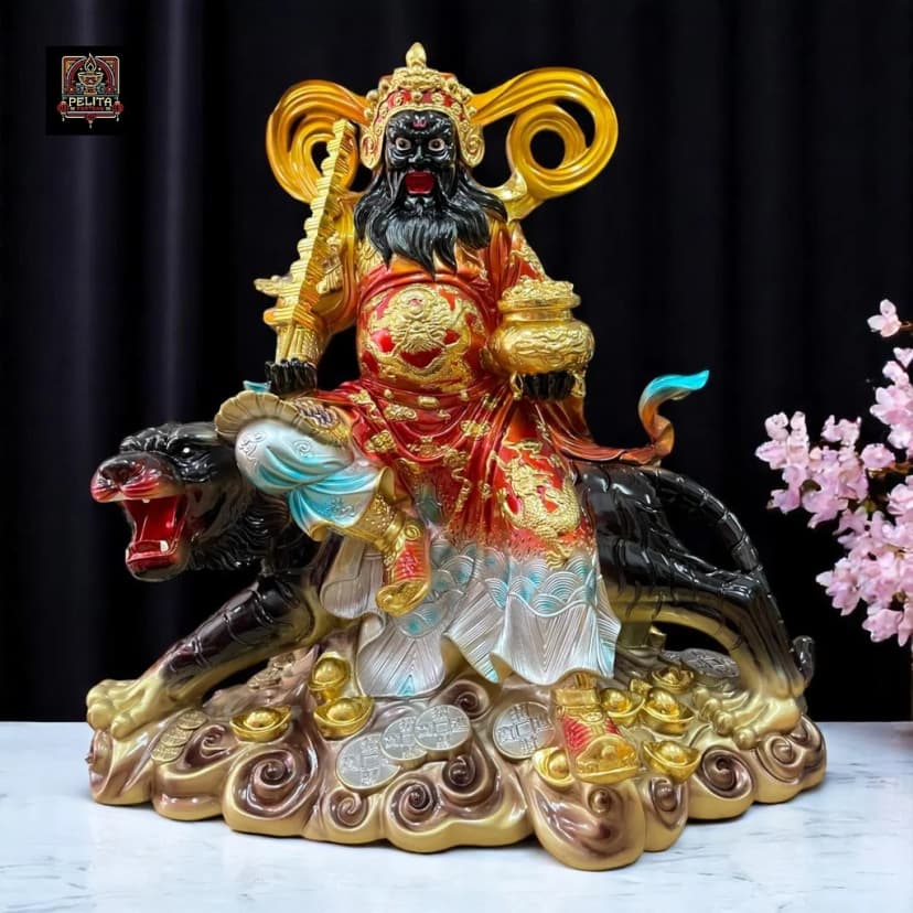 Patung Dewa Kekayaan Caishen Zhao Gong Ming / Han Tan Kong Harimau Hitam 19 Inch 1