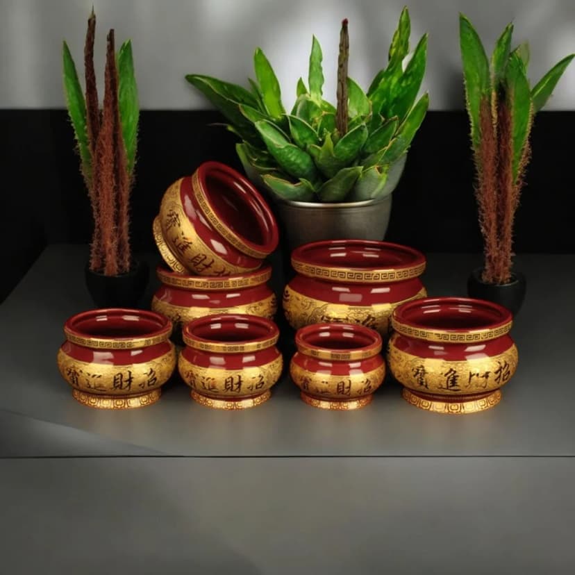 Hiolo Keramik Merah Maroon Tulisan Emas Zhao Cai Jin Bao / Tempat Bakar Dupa Keramik 1