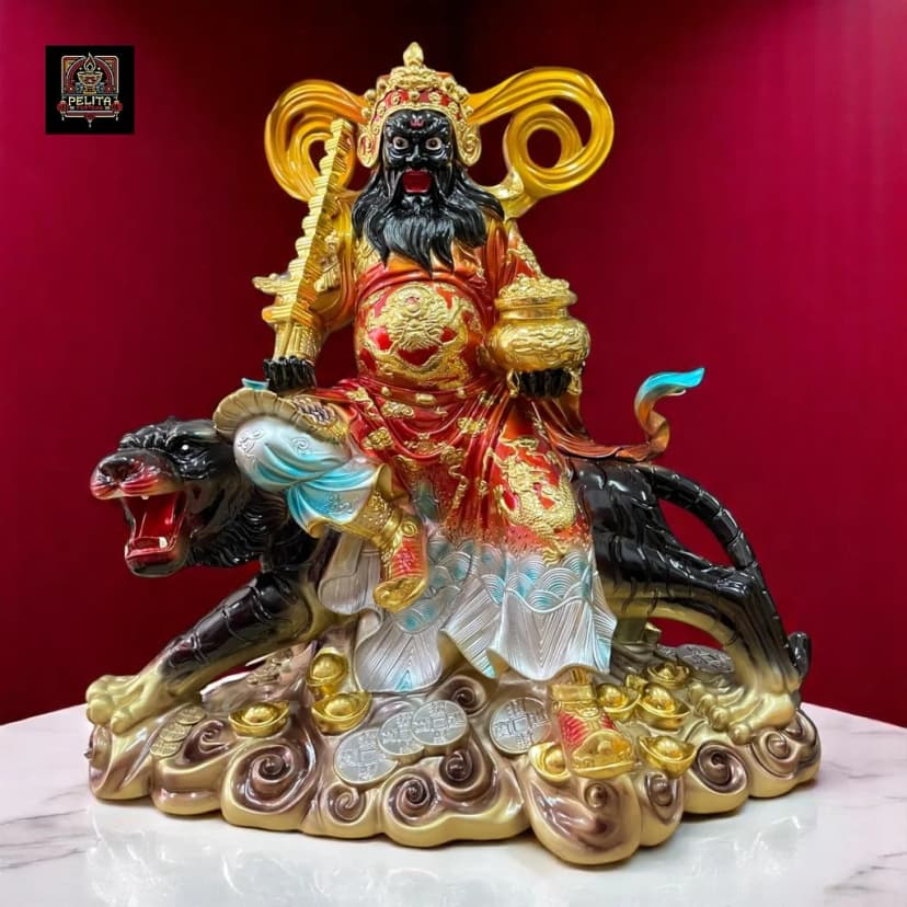 Patung Dewa Kekayaan Caishen Zhao Gong Ming / Han Tan Kong Harimau Hitam 16 Inch 1