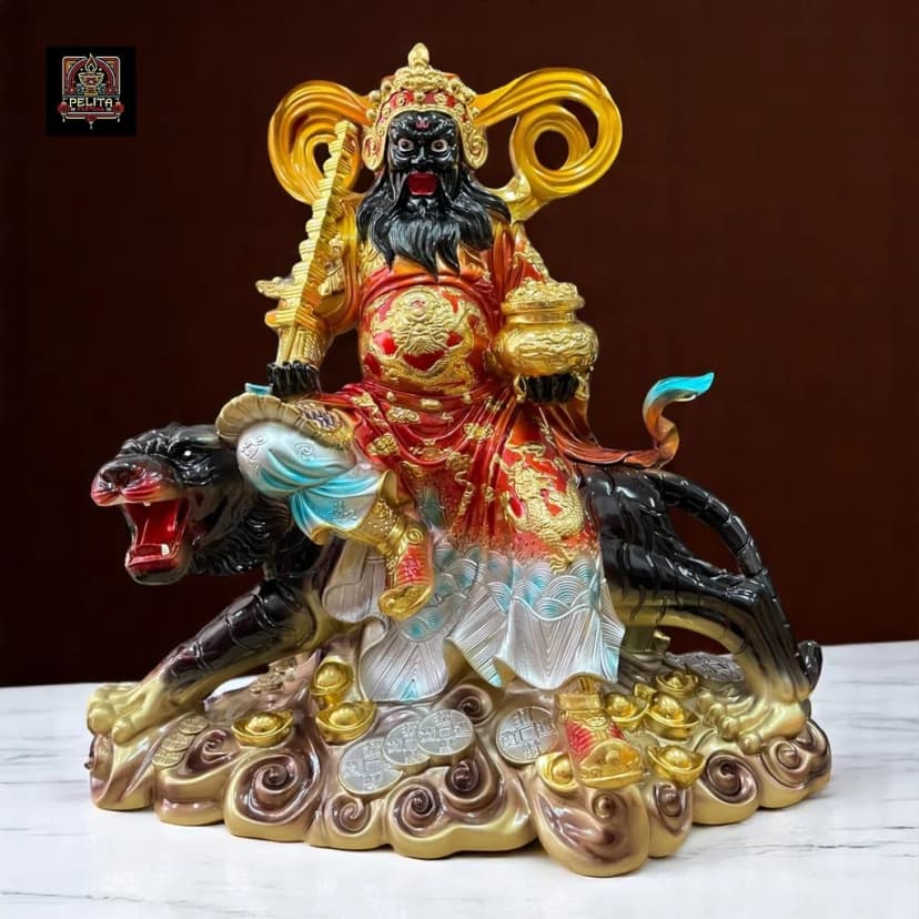 Patung Dewa Kekayaan Caishen Zhao Gong Ming / Han Tan Kong Harimau Hitam 12 Inch 1