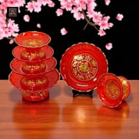 Piring Buah Sembahyang Merah Set Tingkat 6 - 10 Inch - Pelita Fortune