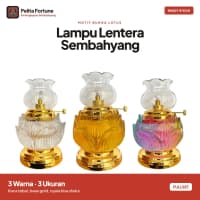 Lampu Lentera Sembahyang Motif Bunga Lotus Kaca Tebal Base Gold Minyak Lentera