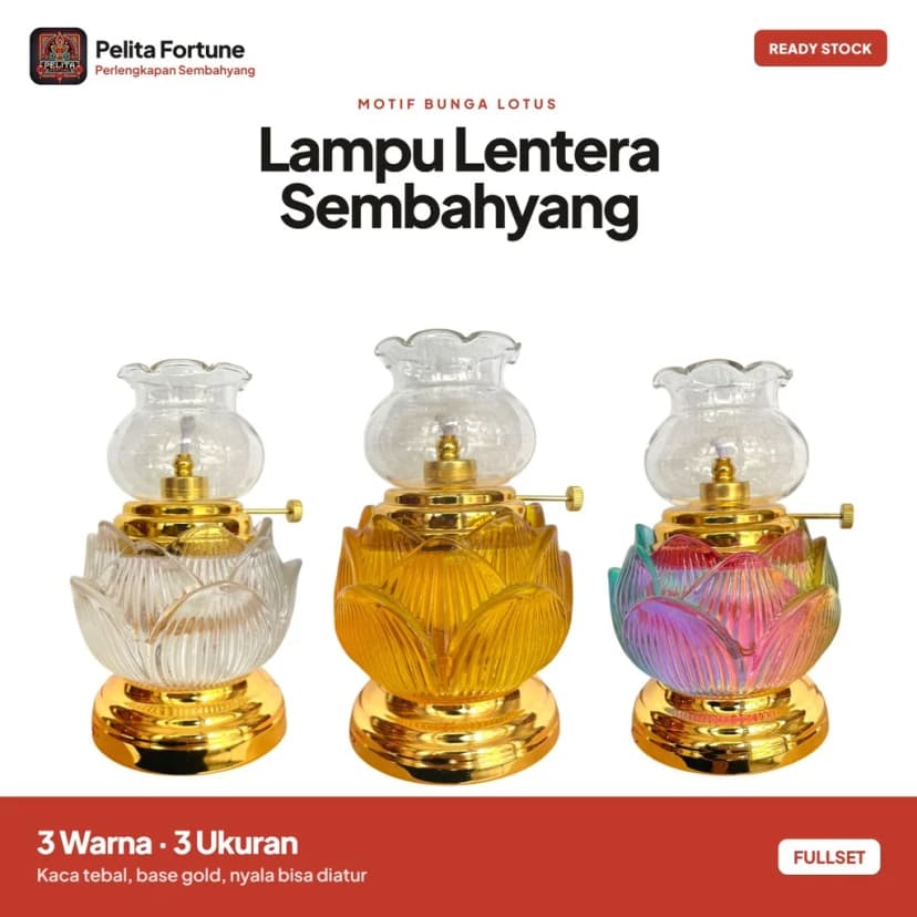 Lampu Lentera Sembahyang Motif Bunga Lotus Kaca Tebal Base Gold Minyak Lentera 1